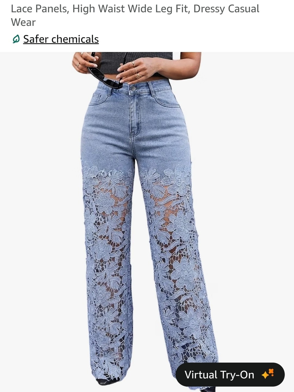 chic Light Blue Lace Panel High-Waist Wide Leg Jeans